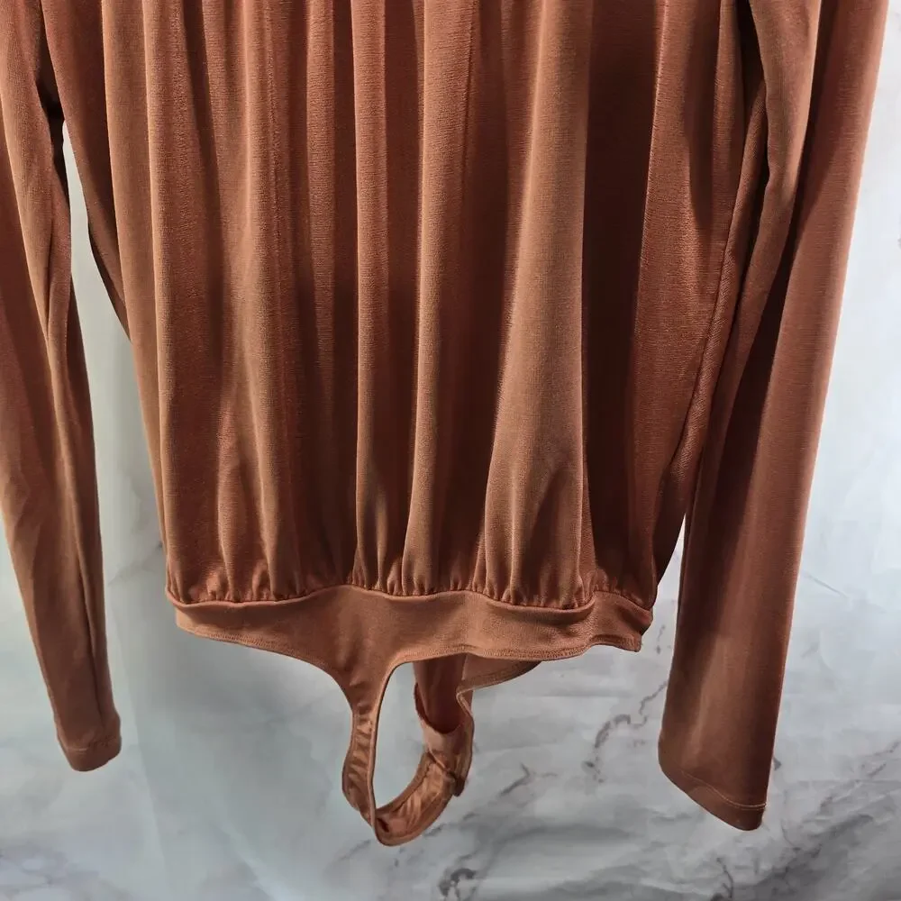 Free People Bodysuit Womens Large Peach Turnt Long Sleeve V Neck Thong Ginger